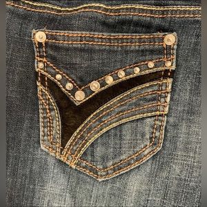 Antique Rivet embellished straight leg jeans.  Size: 7/28; Style: RN 97628.